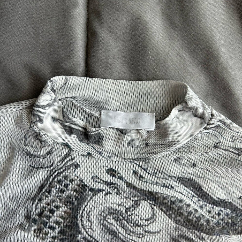Vintage y2k Gray Dragon‎ Water Print sheer longsleeve Bodysuit small - Picture 2 of 8